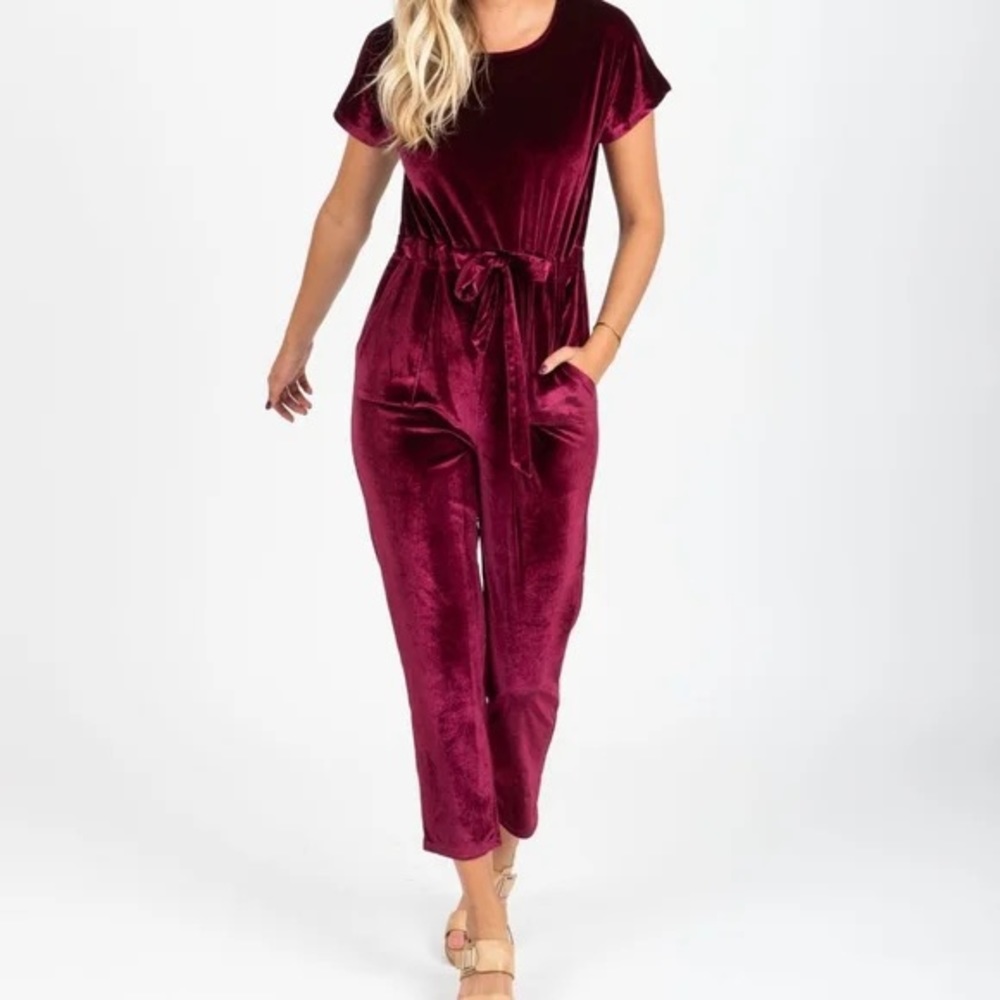 Piper & Scoot: The Bianca Cinch Velvet Jumpsuit in Burgundy | Large